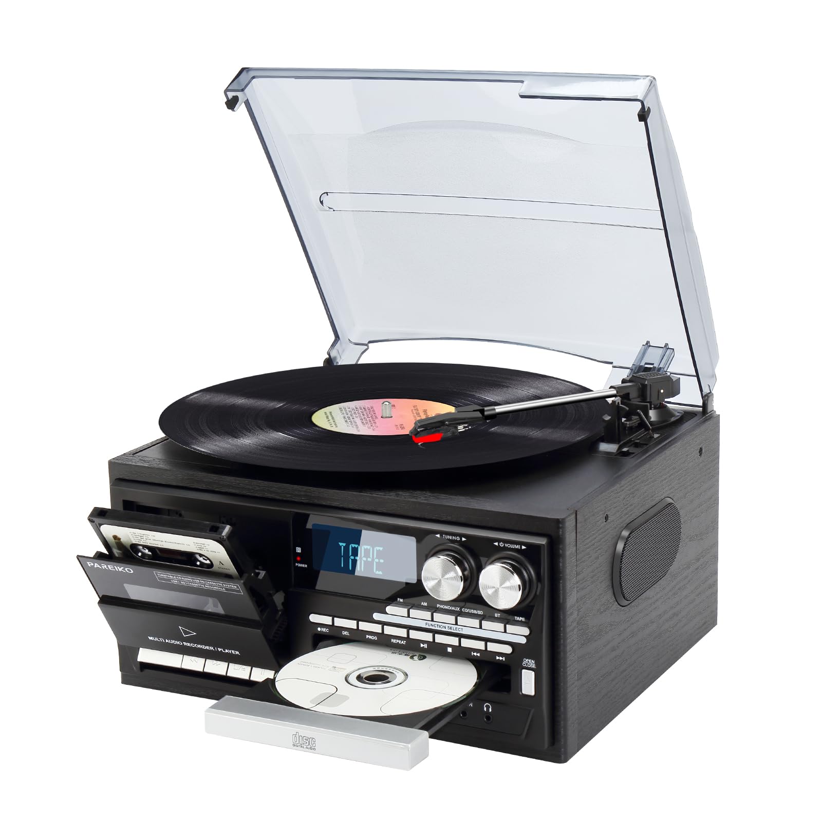 The 9-in-1 Vintage Turntable Record Player with Bluetooth, Built-in Speakers, AM/FM Radio, CD & Cassette Playback, USB/SD/MMC Support, Remote Control, Aux Input, RCA Output Black