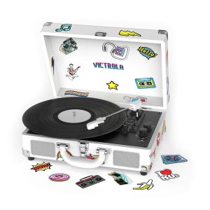 Victrola Vintage 3-Speed Bluetooth Portable Suitcase Record Player with Built-in Speakers | Upgraded Turntable Audio Sound| White/Silver Model Number: VSC-550BT-WSL