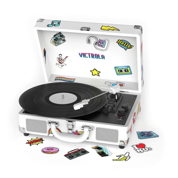 Victrola Vintage 3-Speed Bluetooth Portable Suitcase Record Player with Built-in Speakers | Upgraded Turntable Audio Sound| White/Silver Model Number: VSC-550BT-WSL
