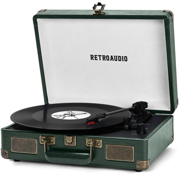 Vinyl Record Player 3-Speed Bluetooth Portable Suitcase Belt-Driven Record Player with 2 Built-in Stereo Speakers Vinyl Vintage Turntable Phonograph Records Player with RCA Line Out AUX Out Drak Green