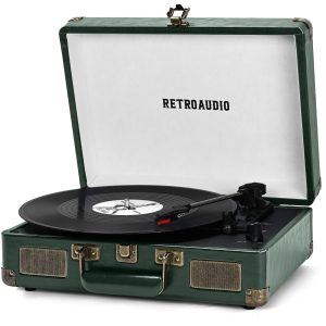 Vinyl Record Player 3-Speed Bluetooth Portable Suitcase Belt-Driven Record Player with 2 Built-in Stereo Speakers Vinyl Vintage Turntable Phonograph Records Player with RCA Line Out, AUX Out (White)