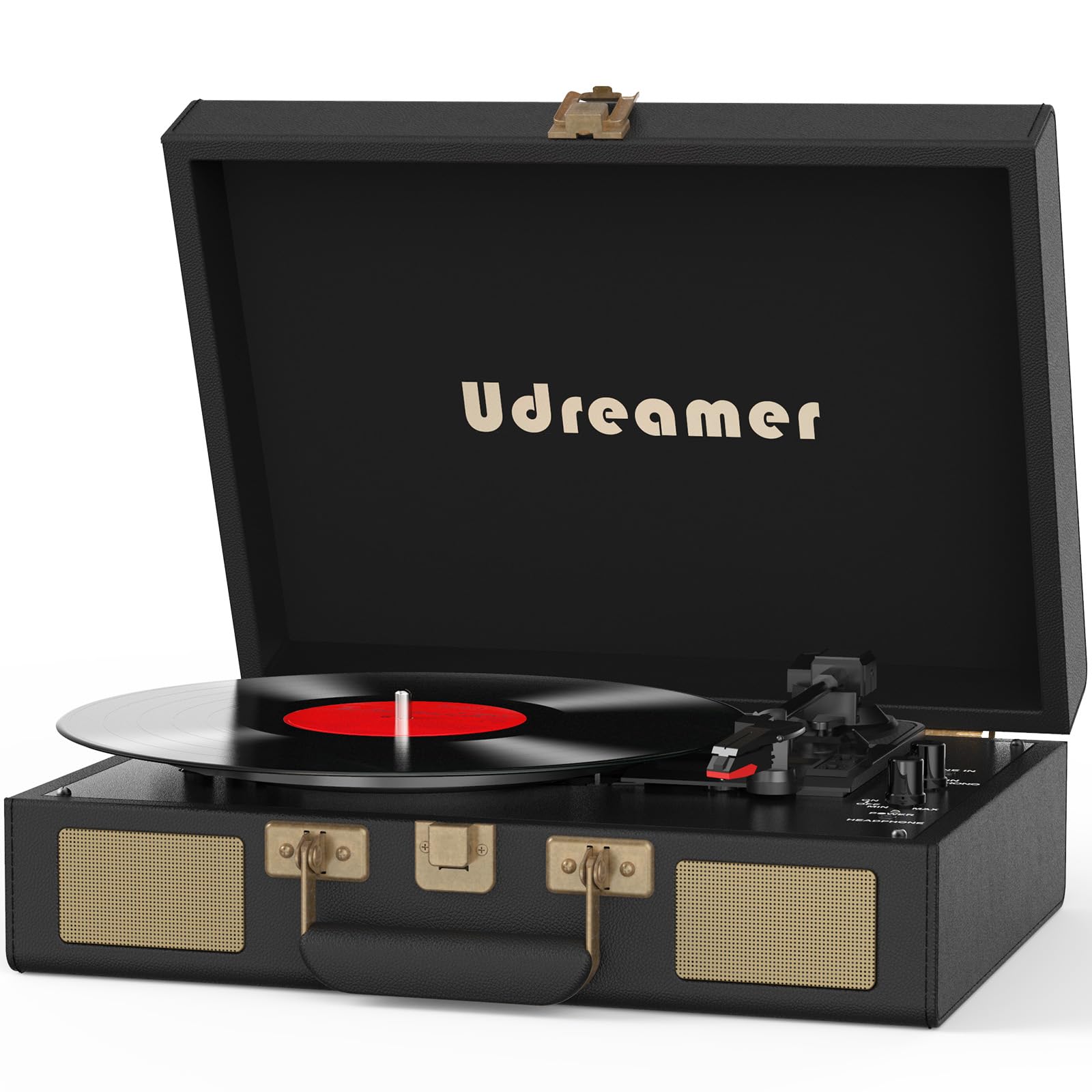 Vinyl Record Player Suitcase with Built-in Speakers, Portable Turntable with RCA, Line in,Bluetooth and Headphone Jack for Records, Vintage LP Player in PU Leather Black