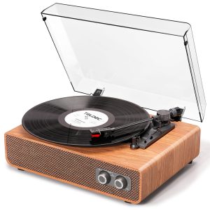 Vinyl Record Player Turntable with Stereo Speakers, Vintage 3 Speed Bluetooth Turntable for Vinyl Records with Adjustable Counterweight, Upgraded Audio Sound, AUX in & RCA Output,Wood
