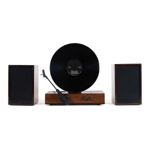 Fuse GLD Vertical Vinyl Record Player with Speakers | Black Trim | 5.3 Bluetooth, AUX | Full Range External Speakers | Premium Cartridge | Vintage Mid Century Modern | Handcrafted Ashtree Wood