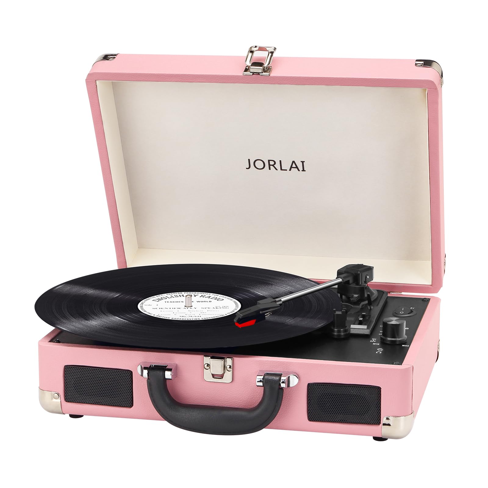 JORLAI Record Player 3 Speeds Turntable with Bluetooth Built-in Battery Stereo Speakers Vintage Record Player Belt Driven Portable Suitcase PC Recording White