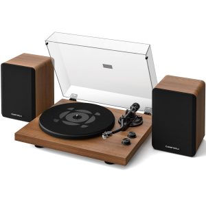 Qlearsoul SoulBox S1 Vinyl Record Player with Stereo Speakers, Turntable with Built-in Preamp, S-Shaped Tonearm, 33/45 RPM