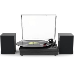 Record Player with Two Speakers Bluetooth Playback Turntable with 3 Speed AUX Headphone Input and RCA Out Black