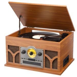 The 10-in-1 Record Player with Built-in Speakers Wireless Playback, CD & Cassette Player, USB Player, AM/FM Radio, 3 Speeds Turntable Vinyl Record Player Mahogany