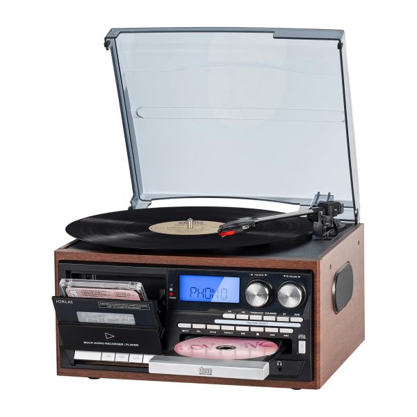 The 3 Speed Record Player Bluetooth Turntable with Built-in Speakers, CD & Cassette Playback, AM/FM Radio, USB/SD, Remote Control, Aux & RCA, Headphone Jack - Vintage Style Music System