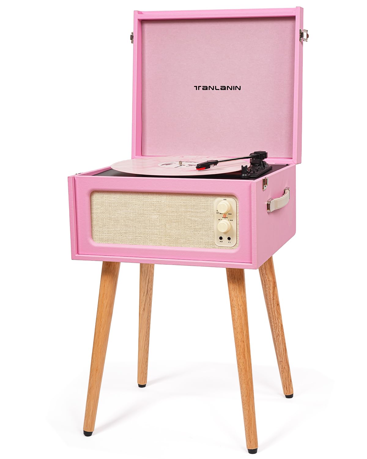 Vintage Standing Pink Vinyl Record Player with Detachable Legs, Built-in 4 Speakers, USB to PC Encoding, 33/45/78 RPM LP Player Bluetooth Retro Turntables Support Headphone Jack, RCA Out, AUX in