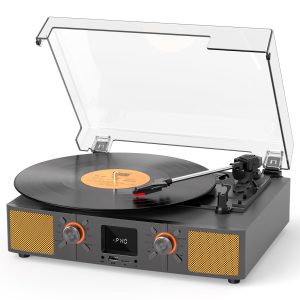 Vinyl Record Player, 3-Speed Bluetooth Turntable with Built-in Speakers, Belt-Driven LP Playback, FM Radio and Bluetooth Receiving, USB Recording and Auto-Stop, RCA Output/AUX Input, Headphone Jack