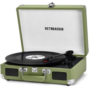 Vinyl Record Player 3Speed Bluetooth Portable Suitcase Belt-Driven Record Player with 2 Built-in Stereo Speakers Vinyl Vintage Turntable Phonograph Records Player with RCA Line Out AUX Out Green Olive
