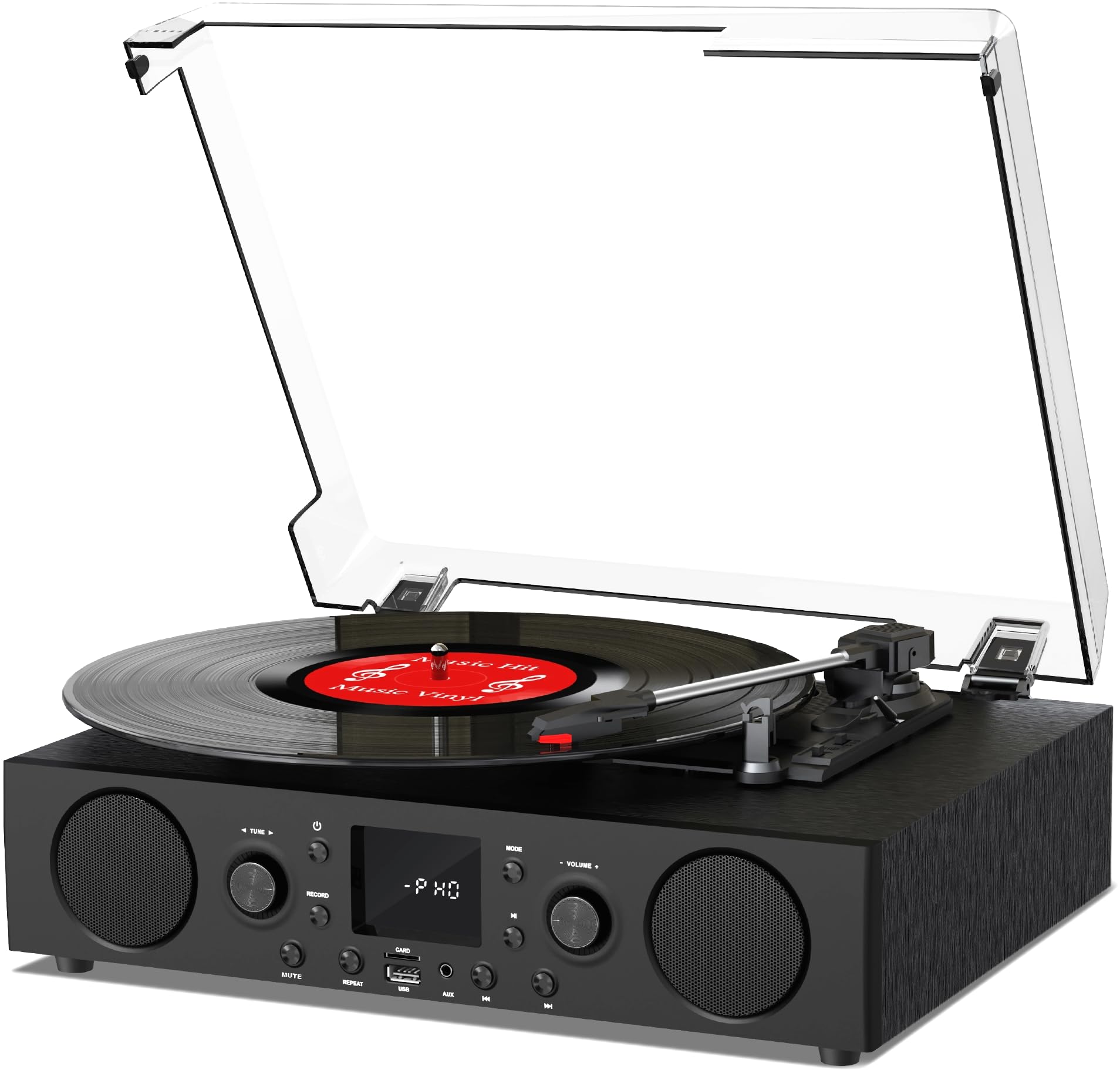Vinyl Record Player Bluetooth Turntable with USB Digital FM Radio Vintage Turntable for Vinyl Records with Speakers 3 Speed RCA Line Out Black