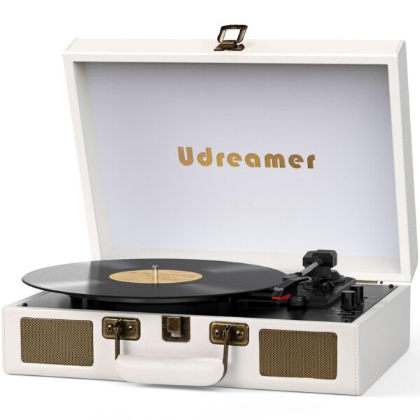Vinyl Record Player Suitcase with Built-in Speakers, Portable Turntable with RCA, Line in,Bluetooth and Headphone Jack for Records, Vintage LP Player in PU Leather White