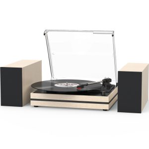 Vinyl Record Player with Two External Speakers Belt-Drive Turntables for Vinyls Records Dual Stereo Speakers LP Players 3 Speed Full Size Wireless AUX-in Headphone Auto Stop Wood White