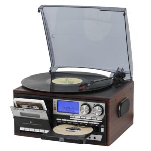 All in One Vintage 3 Speed Vinyl Record Player with Built-in Speakers,Bluetooth in/Out Turntable,CD Player/Cassette/USB/TF Card,AUX in,FM/AM Radio,RCA Out,Recording