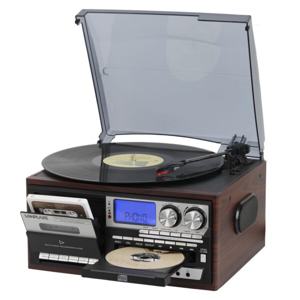 All in One Vintage 3 Speed Vinyl Record Player with Built-in Speakers,Bluetooth in/Out Turntable,CD Player/Cassette/USB/TF Card,AUX in,FM/AM Radio,RCA Out,Recording