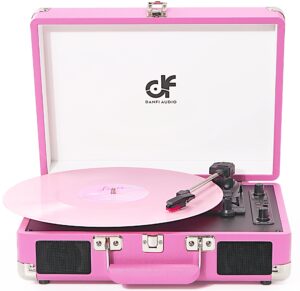 Bluetooth Record Player Vintage 3-Speed Portable Suitcase Turntable with Built-in 2 Speakers, USB Recording Vinyl to Digital, RCA/AUX/Headphone Jack White & Gold