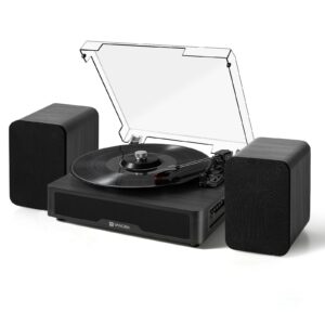 VANGOA Vinyl Record Player, 3-Speed Turntable with Bluetooth Receiver, Built-in Stereo Speakers, Black