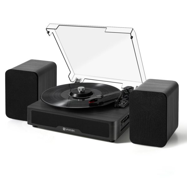 VANGOA Vinyl Record Player, 3-Speed Turntable with Bluetooth Receiver, Built-in Stereo Speakers, Black