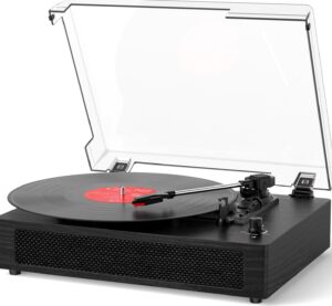 Vinyl Record Player Bluetooth Turntable with Built in Stereo Speakers Belt Drive 3 Speeds Turntables for Vinyl Records Support RCA Output, Aux in, Auto Stop Black