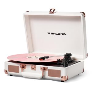 Vinyl Record Player Bluetooth with USB Recording, Vintage 3-Speed Portable Suitcase Turntables with Built-in Speakers & EQ, Belt-Driven LP Player Support AUX/RCA/Headphone Jack, White Rose Gold