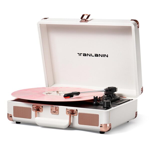 Vinyl Record Player Bluetooth with USB Recording, Vintage 3-Speed Portable Suitcase Turntables with Built-in Speakers & EQ, Belt-Driven LP Player Support AUX/RCA/Headphone Jack, White Rose Gold