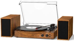 Vinyl Record Player with External Stereo Speakers, Vintage Bluetooth 3-Speed Turntable with Dual Stackable Speakers, PC Recording Vinyl to Digitia, RCA-Out& AUX-in, Retro Wood