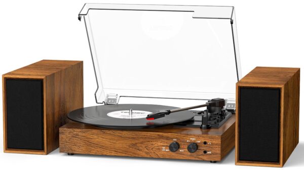 Vinyl Record Player with External Stereo Speakers, Vintage Bluetooth 3-Speed Turntable with Dual Stackable Speakers, PC Recording Vinyl to Digitia, RCA-Out& AUX-in, Retro Wood