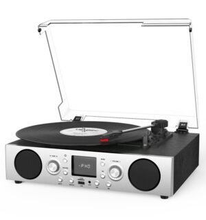 VinylsLink Record Player with Built-in Speakers, Belt-Driven Turntable Support 3-Speed, FM Radio and Bluetooth Receiving, RCA Line Out & AUX in, USB Recording and Auto Stop, Black