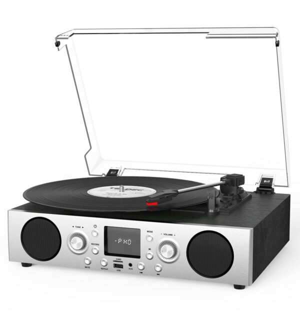 VinylsLink Record Player with Built-in Speakers, Belt-Driven Turntable Support 3-Speed, FM Radio and Bluetooth Receiving, RCA Line Out & AUX in, USB Recording and Auto Stop, Black