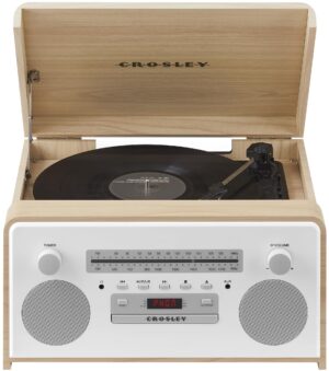 Crosley CR7024A-NA Carter 7-in-1 Bluetooth Vinyl Record Player, 3-Speed Turntable, CD Players, AM/FM Radio, Natural