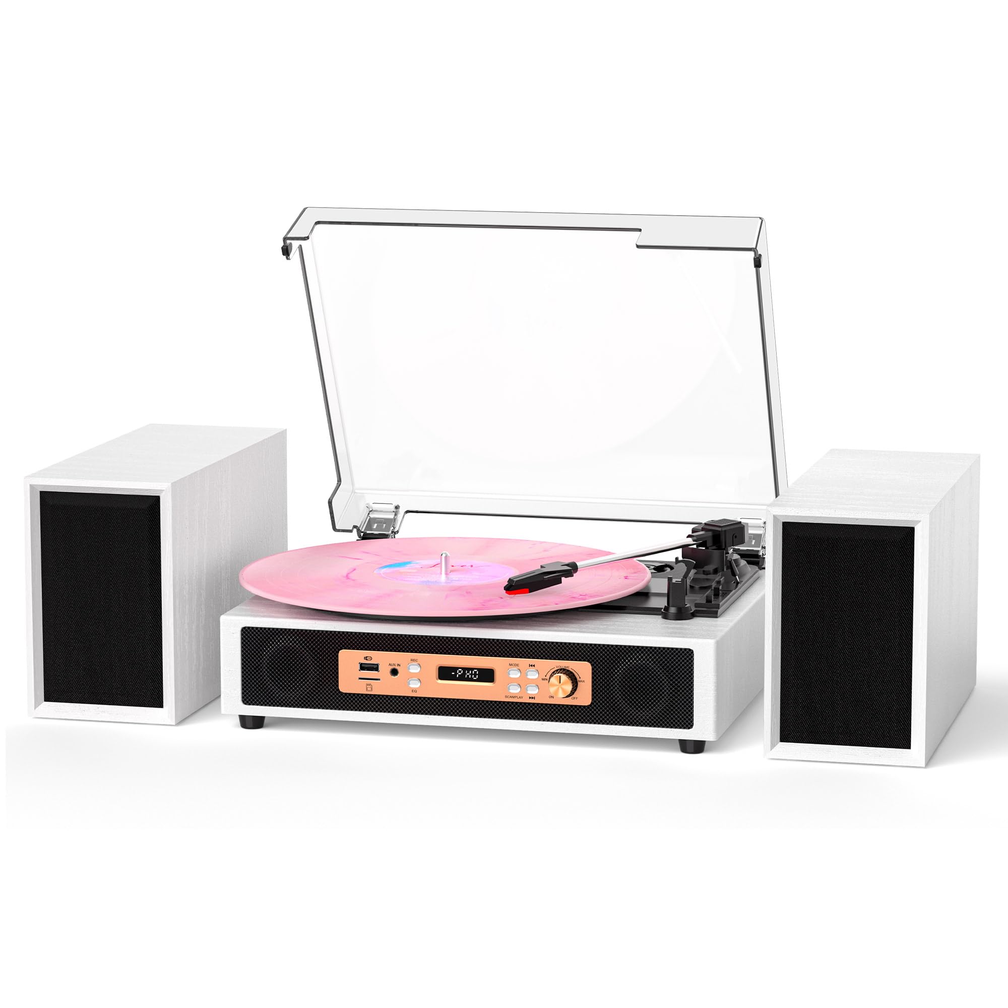 Record Player with Speakers and USB Encoding, Belt Driven Vintage Bluetooth Turntables for Vinyl Records with 20W Power External Speakers, 3 Speed 3 Size, Auto Stop, Dust Cover, RCA/AUX Port