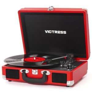 VICTRESS Vinyl Record Player, Portable Suitcase Turntable With PC Recording & Bluetooth Input/Output, 3-Speed LP Player, Built-in Stereo Speakers, RCA, AUX, Headphone Jack, Blue