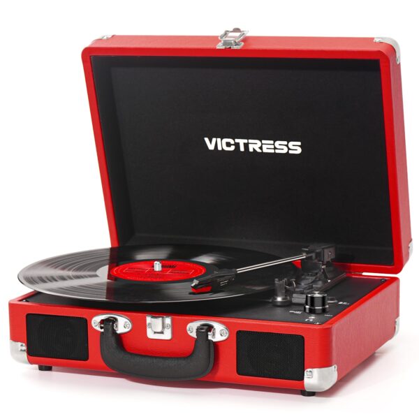VICTRESS Vinyl Record Player, Portable Suitcase Turntable With PC Recording & Bluetooth Input/Output, 3-Speed LP Player, Built-in Stereo Speakers, RCA, AUX, Headphone Jack, Blue