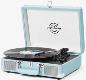 Vinyl Record Player with Built-in Speakers Treble & Bass Gain Vintage Bluetooth Turntable 3-Speed Portable Suitcase LP Player AUX-in RCA Headphone Out, Forest Green