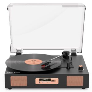 Vinyl Record Player with Built-in Stereo Speakers, Vintage 3-Speed Turntable for Vinyl Records USB SD Recording with Bluetooth Music Playback,RCA Out and Digital Display, Black& Gold