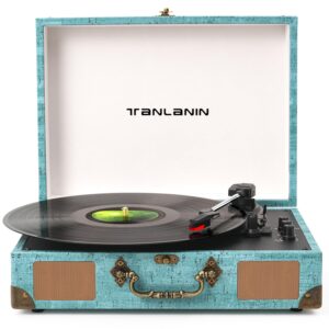 Bluetooth Record Player with Bluetooth Output & Pitch Control, 3-Speed Portable Vintage Suitcase Turntable for Vinyl Records with Built-in Speakers, RCA & Headphone Output – Turquoise