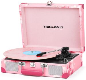 TANLANIN Portable Record Player with Bluetooth, 3-Speed Belt-Drive Turntable Vinyl Player, Suitcase Record Players with Built-in Stereo Speakers, Bass/Treble Control, RCA/AUX/Headphone Jack, Black