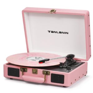 TANLANIN Vinyl Record Player Bluetooth, 3-Speed Turntable Vinyl Player, Portable Suitcase Record Players with USB/TF Recording & Playback, Built-in Speakers, Belt Drive, AUX/RCA/Headphone Jack, Pink