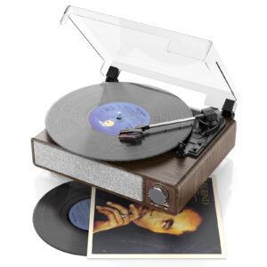 Vinyl Record Player with Speakers,MONODEAL 3-Speed Turntable for Vinyl Records with Bluetooth Transmitter,Auto Stop,RCA Output/USB/Headphone Jacks,Vintage Record Player Wooden Design
