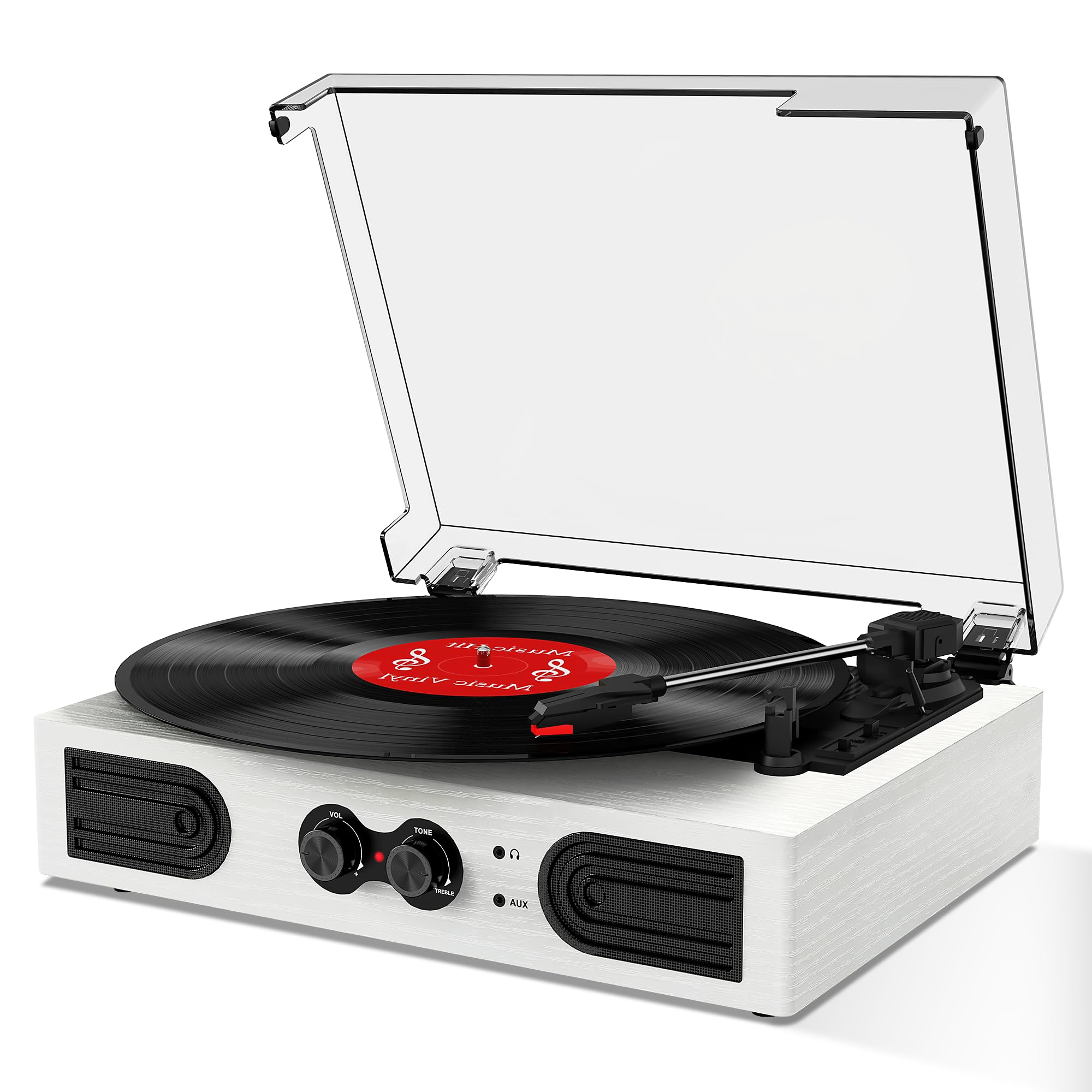VinylsLink Vinyl Record Player with Built-in Stereo Speakers and Bass Adjust, Portable Vintage 3-Speed Belt-Driven, Bluetooth Input, RCA Line Out AUX in Headphone Jack, White Wood