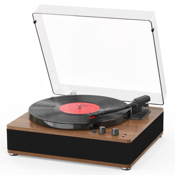 The 3-Speed Vinyl Record Player Sleek Bluetooth Turntable Full-Size Platter with Bluetooth Input/Output, Built-in Speakers, Counterweight & Auto-Stop with RCA/AUX Out, Tan