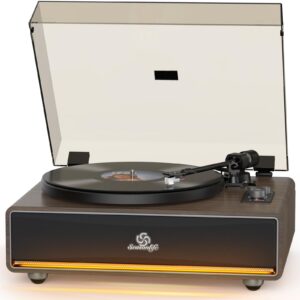 Vinyl Record Player Built in HiFi Stereo Speakers BT Wireless Input Belt Drive Iron Platter Turntables for Vinyls Records with MM Audio AT-3600L Cartridge Soft Warm Light Design Wooden Cream Brown