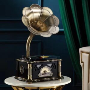 HZLSBL Vintage Gramophone with Bluetooth Output Vintage Record Players Retro Gramophone Turntables for 7" 9" 12" Vinyl Records 3 Speed, Hi-Fi, Handcrafted by Pure Oak (Dark Green)