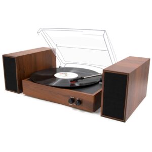 LP&No.1 Record Player with Stereo Bookshelf Speakers, Vintage 3-Speed Belt Drive Turntable, Wireless Input, RCA Output, Auto Stop Function | Mahogany