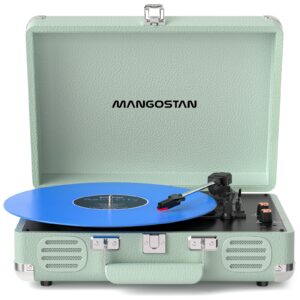 MANGOSTAN Bluetooth Vinyl Record Player, 3-Speed Portable Turntable with Built-in Bass Speakers, Belt-Driven Suitcase LP Player Supports AUX-in, RCA Line Out & Headphone Jack, Green
