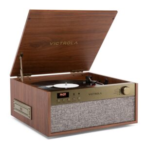 Victrola Century Essential - 5-in-1 Vinyl Record Player & Music Center – 3-Speed Turntable, CD Player, VINYLSTREAM, Bluetooth & 3.5mm Aux, Record Player with Speakers, Mid Century Design (Walnut)