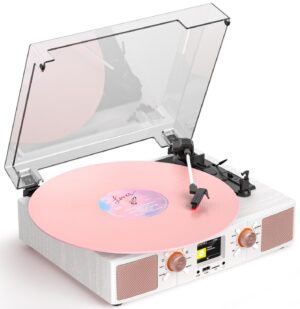 Vinyl Record Player 3-Speed Bluetooth Turntable with Built-in Speakers, USB/TF Playback, LCD Color Display, Alarm, RCA/AUX/Headphone, White & Rose Gold