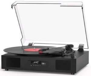 Vinyl Record Player Bluetooth Turntable with Built-in Two Speakers USB Recording Belt Drive 3 Speeds Turntables for Vinyl Records Support AUX RCA Output, LED Display, Black